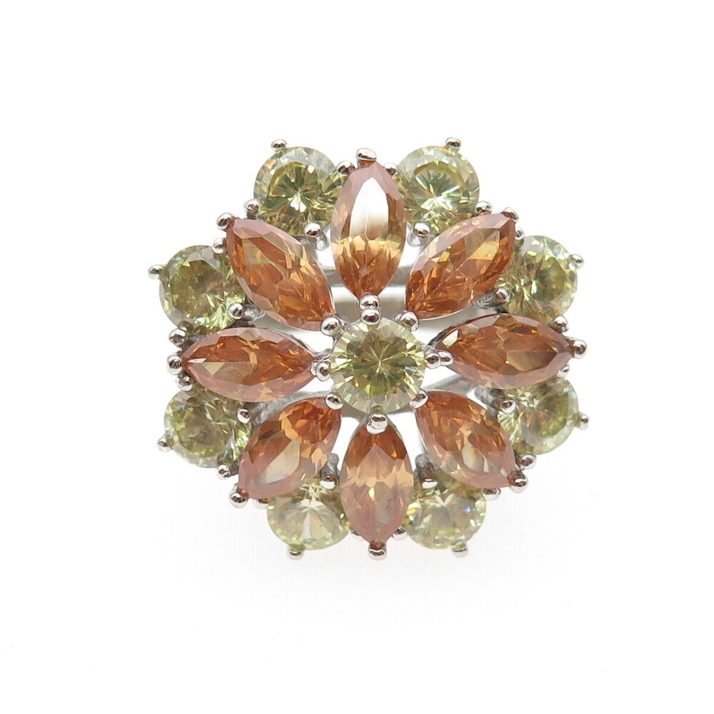 925 Sterling Silver Marquise-Cut Orange & Round-Cut Green C Z Ring Size 7.25 - Picture 3 of 8